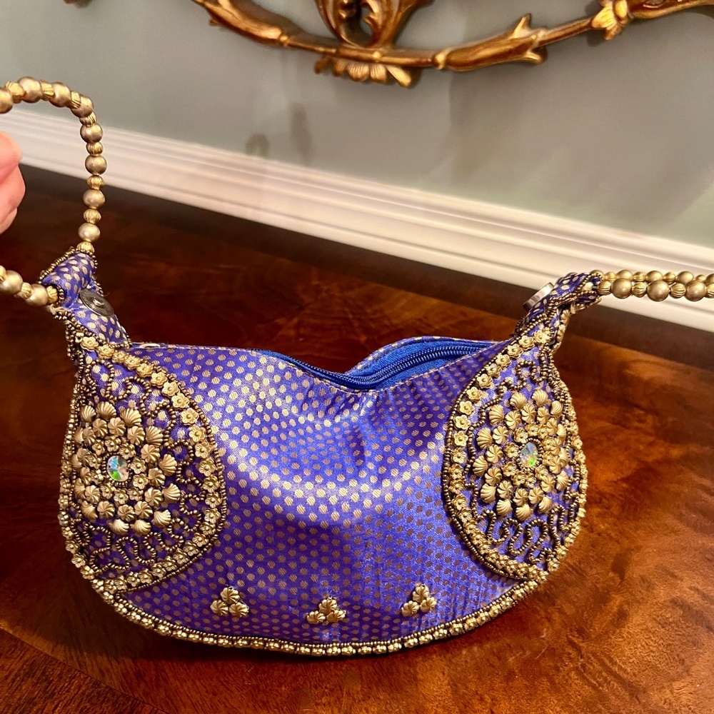 NWOT Royal Blue & Gold Beaded Fortune Cookie Purse Bag Handbag - Picture 5 of 6